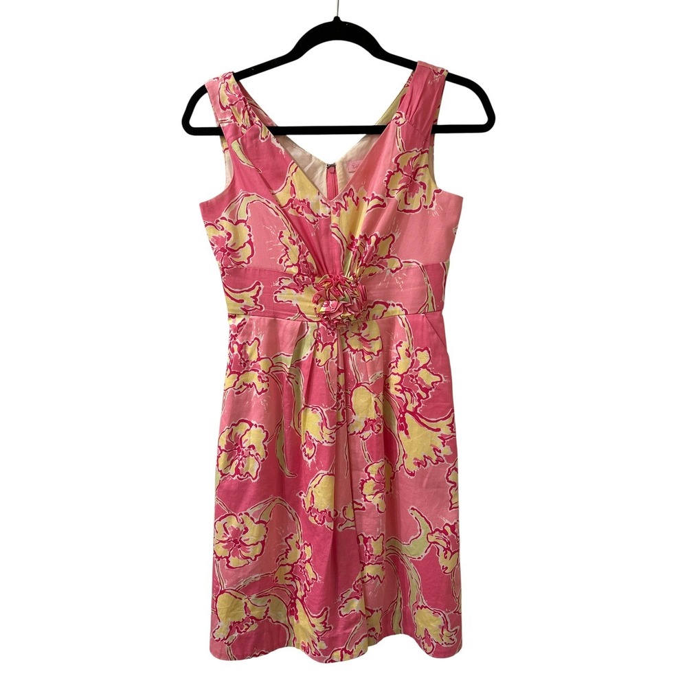 Lilly Pulitzer Parker Dress Pink Yellow Floral Fit Flare Sleeveless Size 0